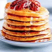 large stack of pecan pancakes