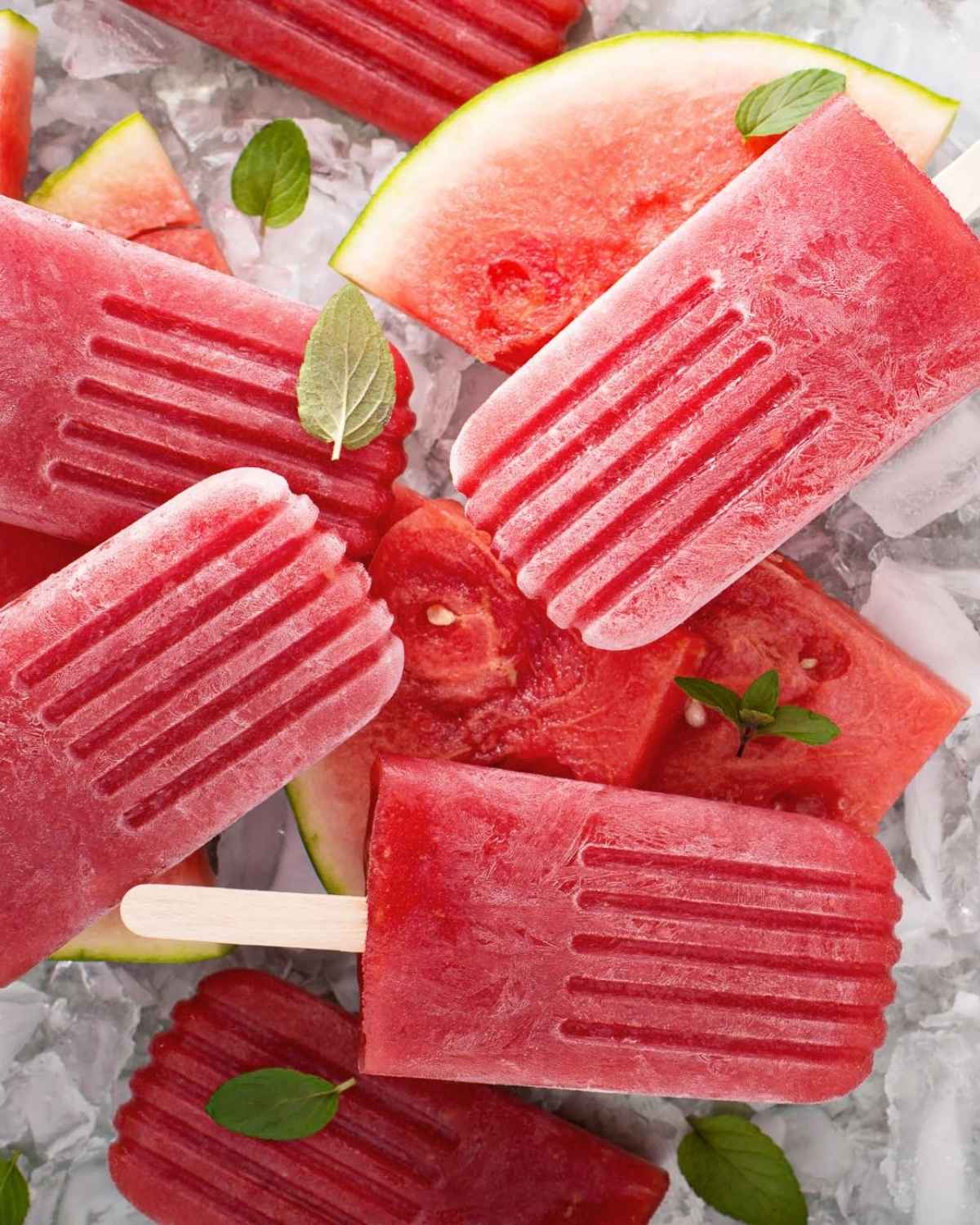 Watermelon Pops MOMables.com watermelon popsicles over ice and watermelon pieces