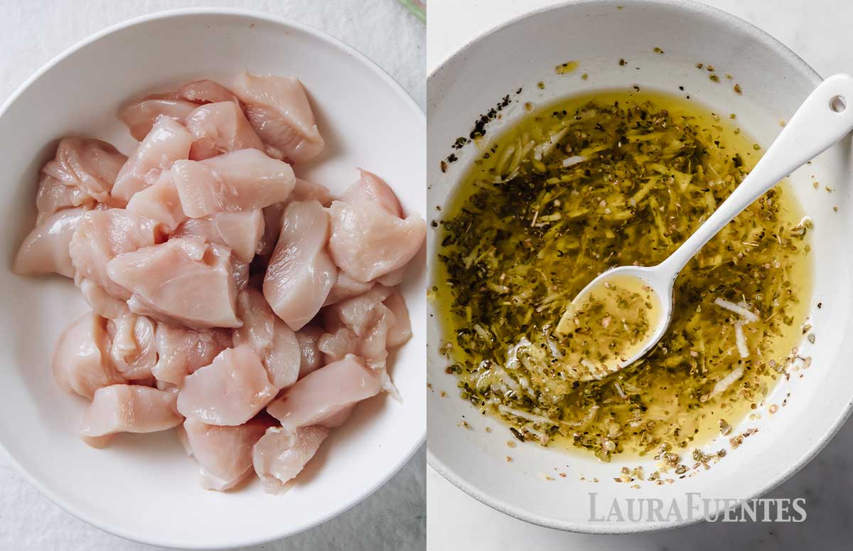 side by side image of chicken pieces and lemon chicken marinade