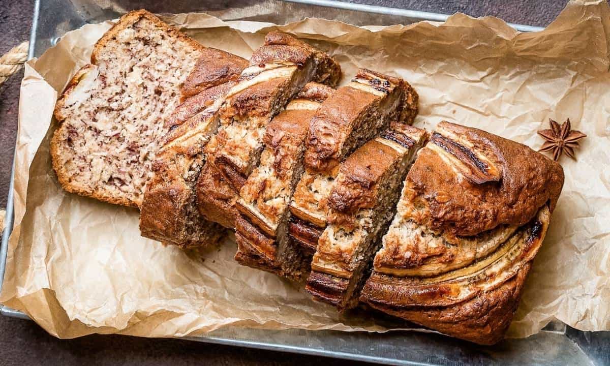 overhead view of banana bread loaf, sliced