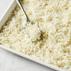 roasted cauliflower rice in a baking dish