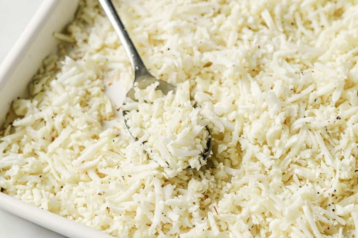 roasted cauliflower rice in a baking dish