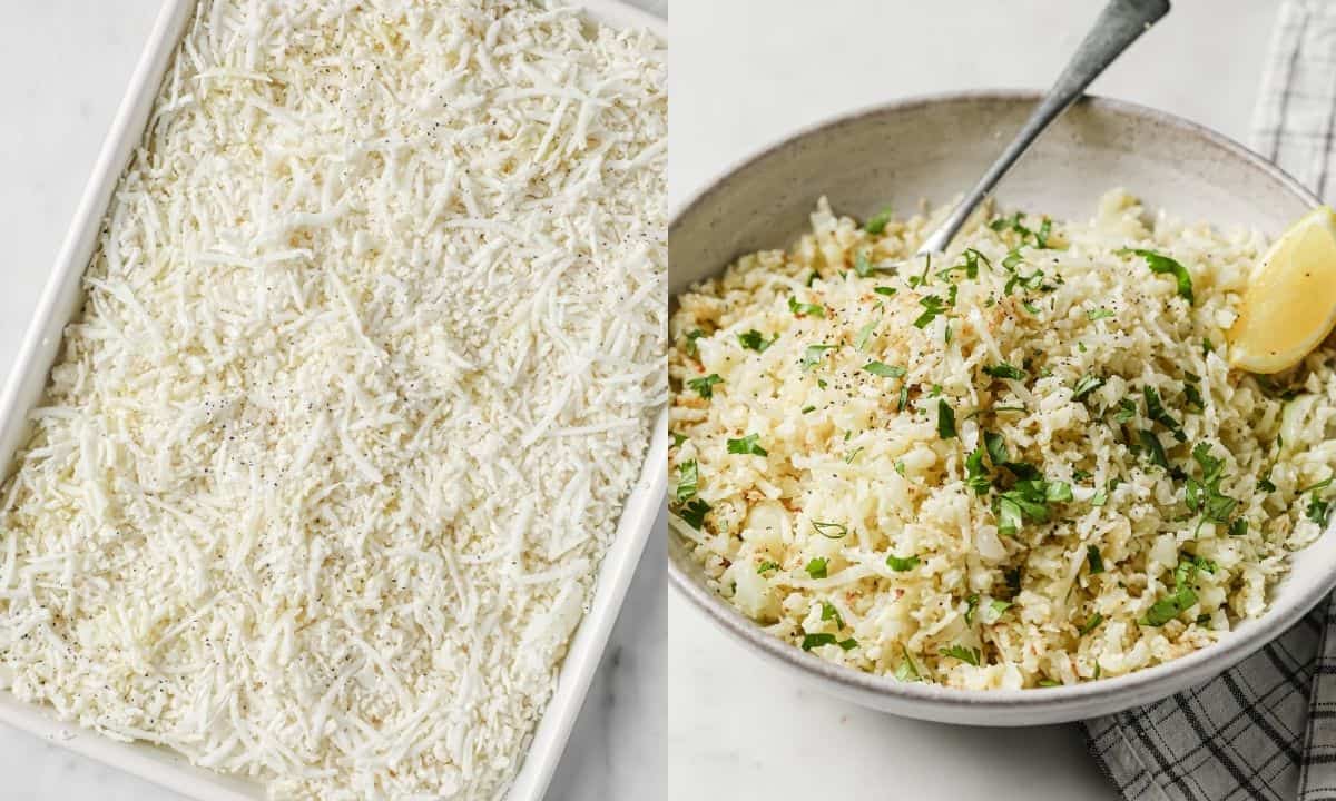 left: roasted cauliflower rice in a baking dish; right: a bowl of cilantro lime cauliflower rice