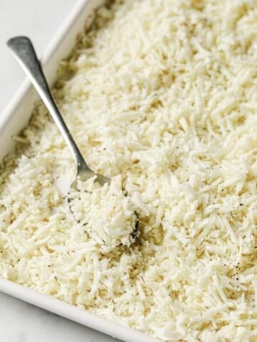 roasted cauliflower rice in a baking dish