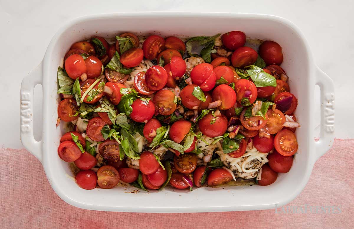 Bruschetta chicken in a baking dish