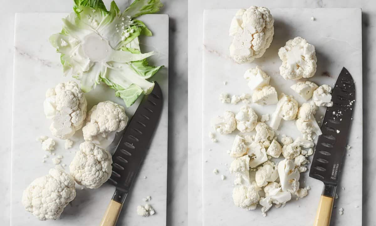 left: cauliflower cut into chunks; right: same cauliflower cut into small pieces