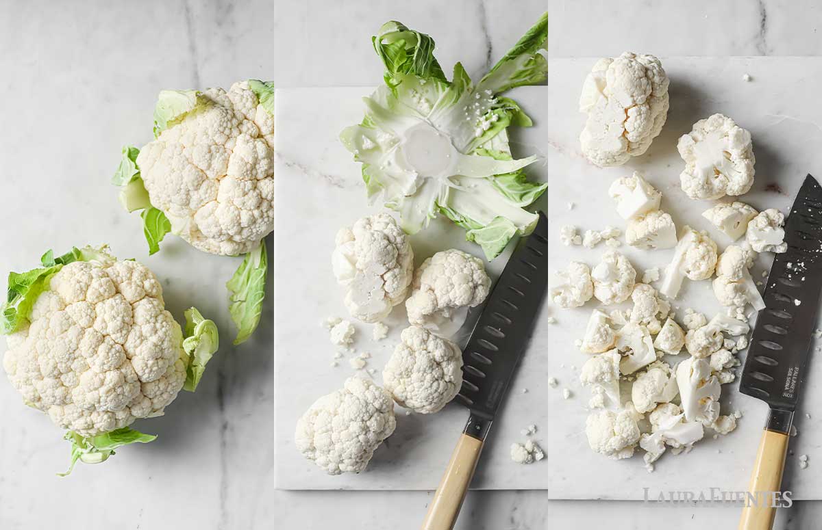 side by side images of cauliflower rice being cut into florets for ricing