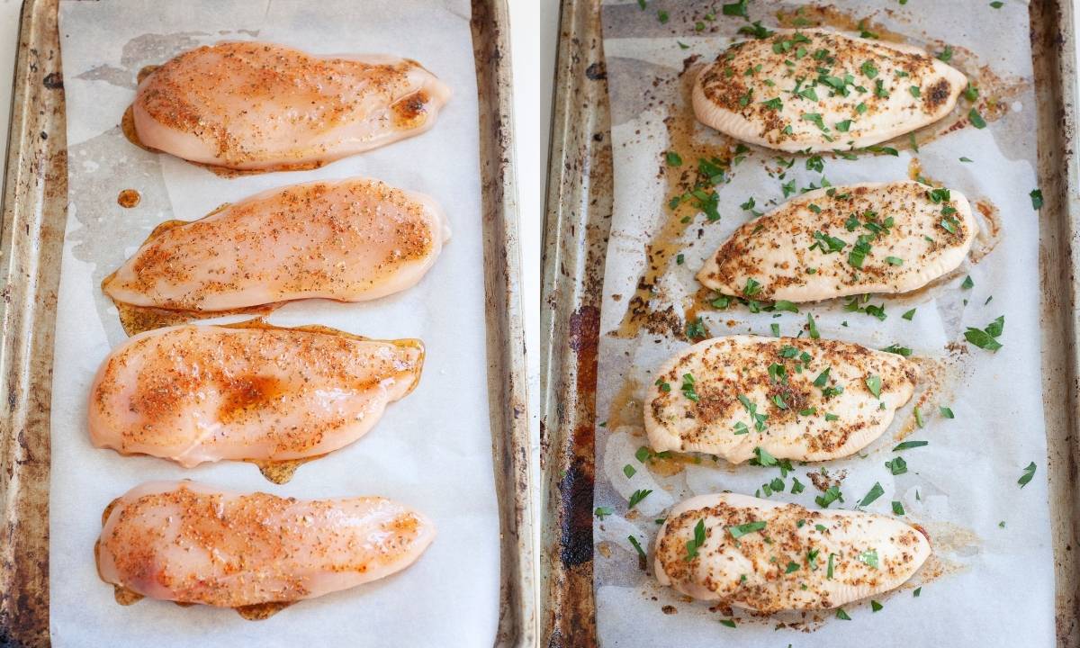Left: raw boneless chicken breasts seasoned with paprika, salt, and pepper on a lined baking sheet. Right: baked chicken breasts sprinkled with chopped fresh parsley on the baking sheet