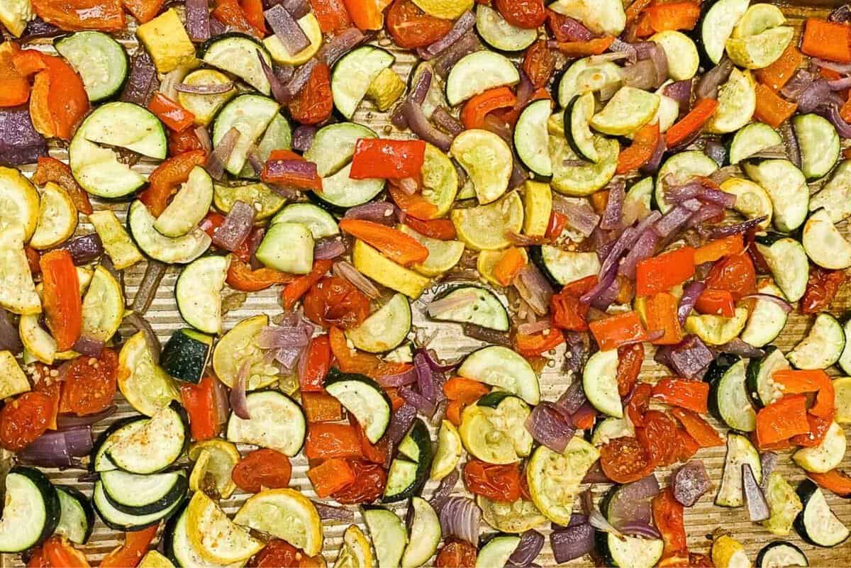 roasted summer vegetables in a sheet pan