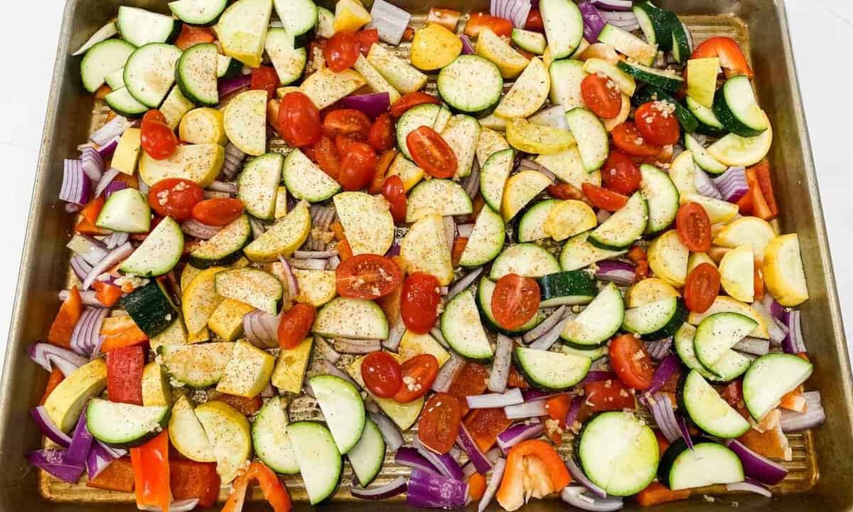 roasted summer vegetables in a sheet pan