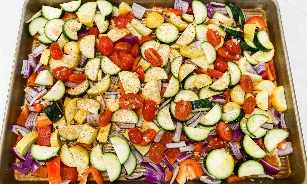 roasted summer vegetables on a baking sheet