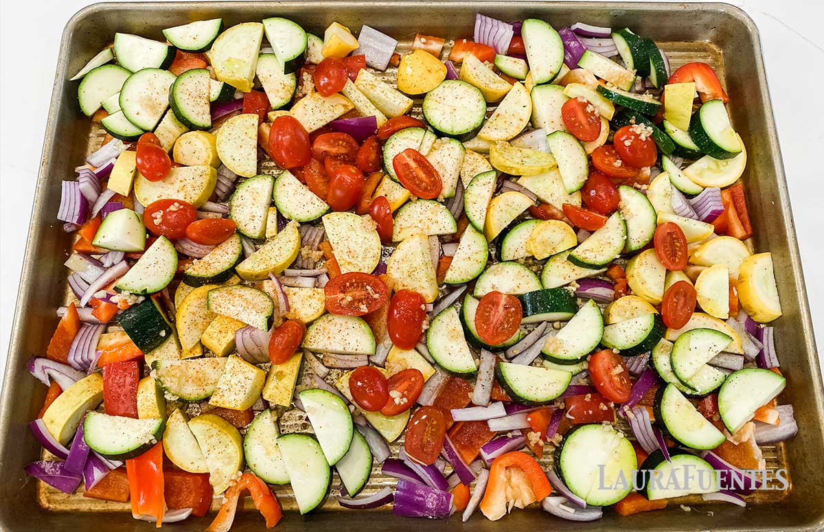large sheet pan of vegetables