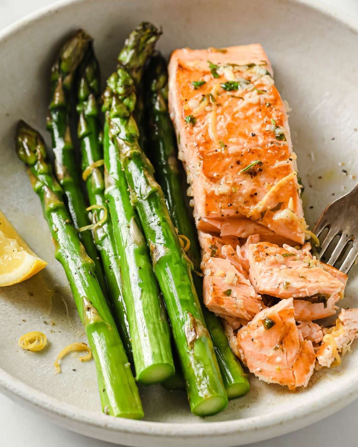 salmon and asparagus in a dish