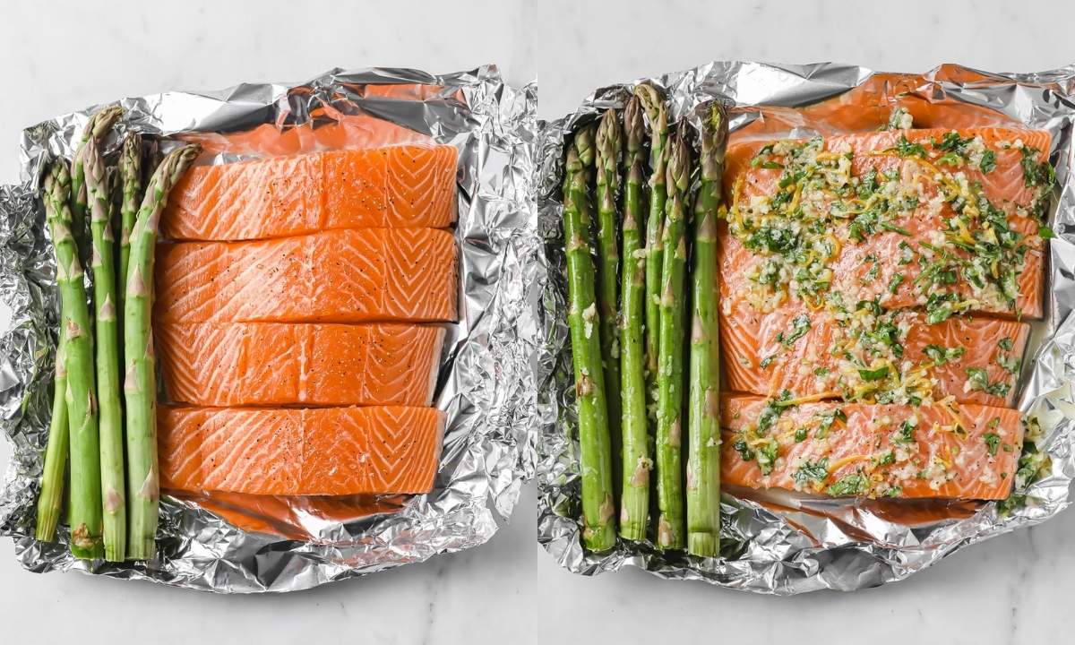 left: raw salmon fillets and asparagus on a foil; right: same salmon and asparagus seasoned with garlic sauce