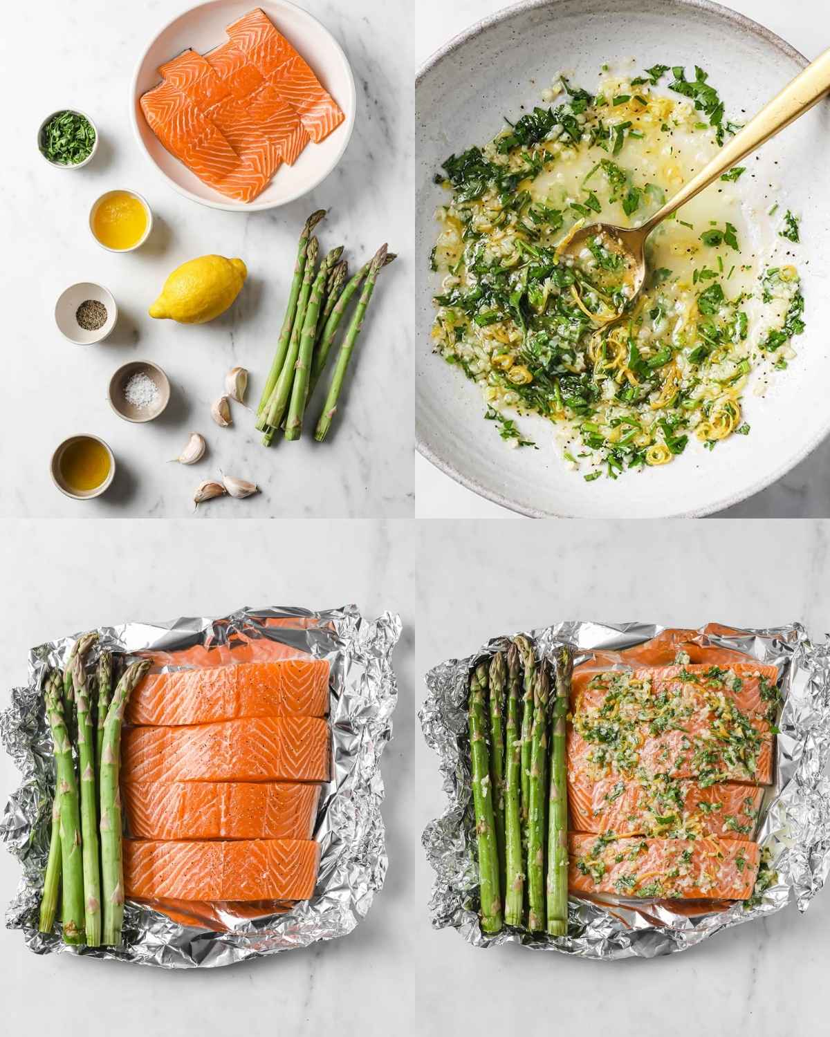 top left shows salmon fillets, asparagus, lemon, garlic, olive oil, and seasonings on a marble surface, top right shows a bowl of lemon garlic herb butter sauce, bottom left shows salmon and asparagus arranged on foil, and bottom right shows salmon fillets topped with lemon herb butter sauce ready to bake.