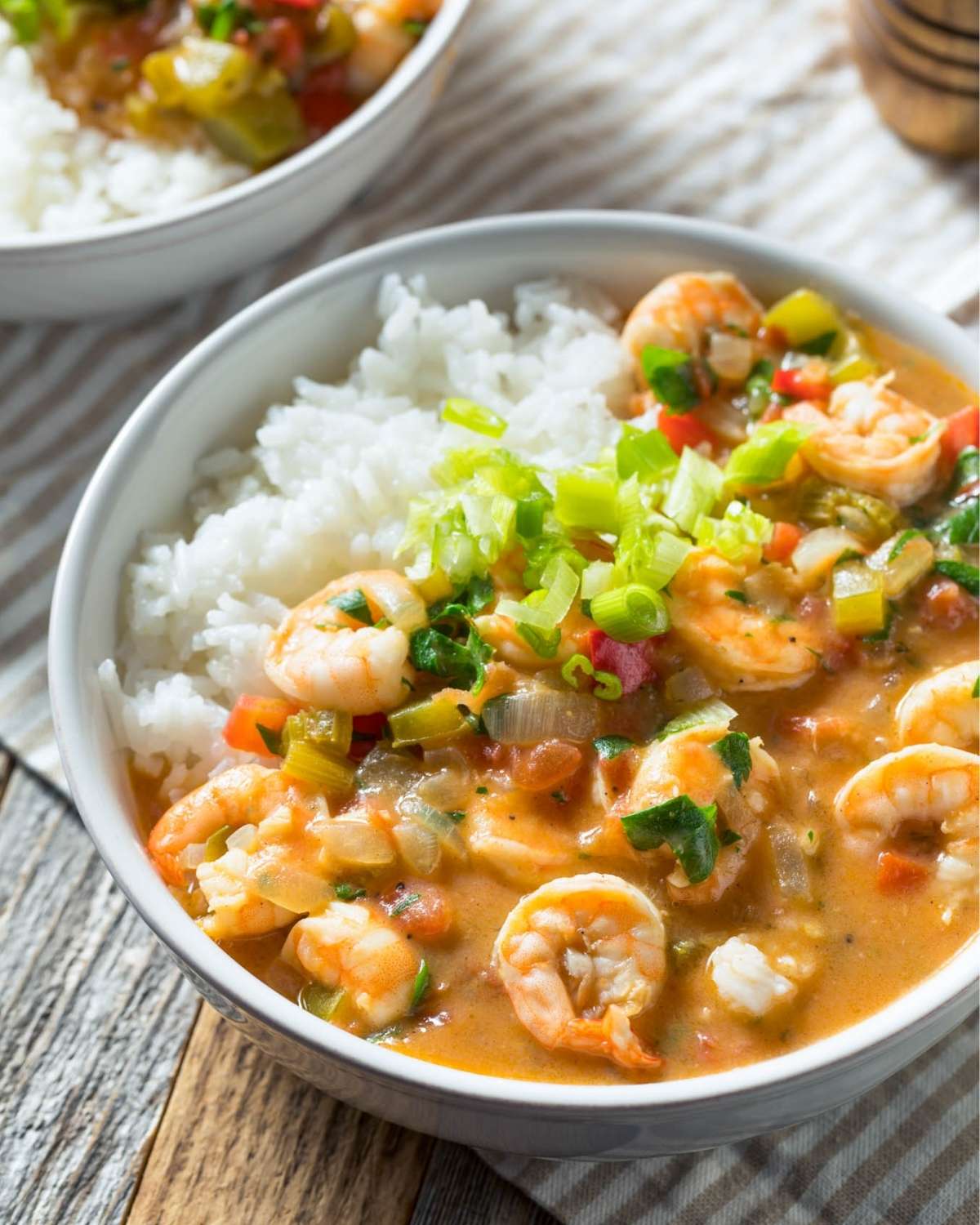 a bowl with shrimp étouffée and white rice