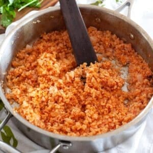 Spanish cauliflower rice in a skillet