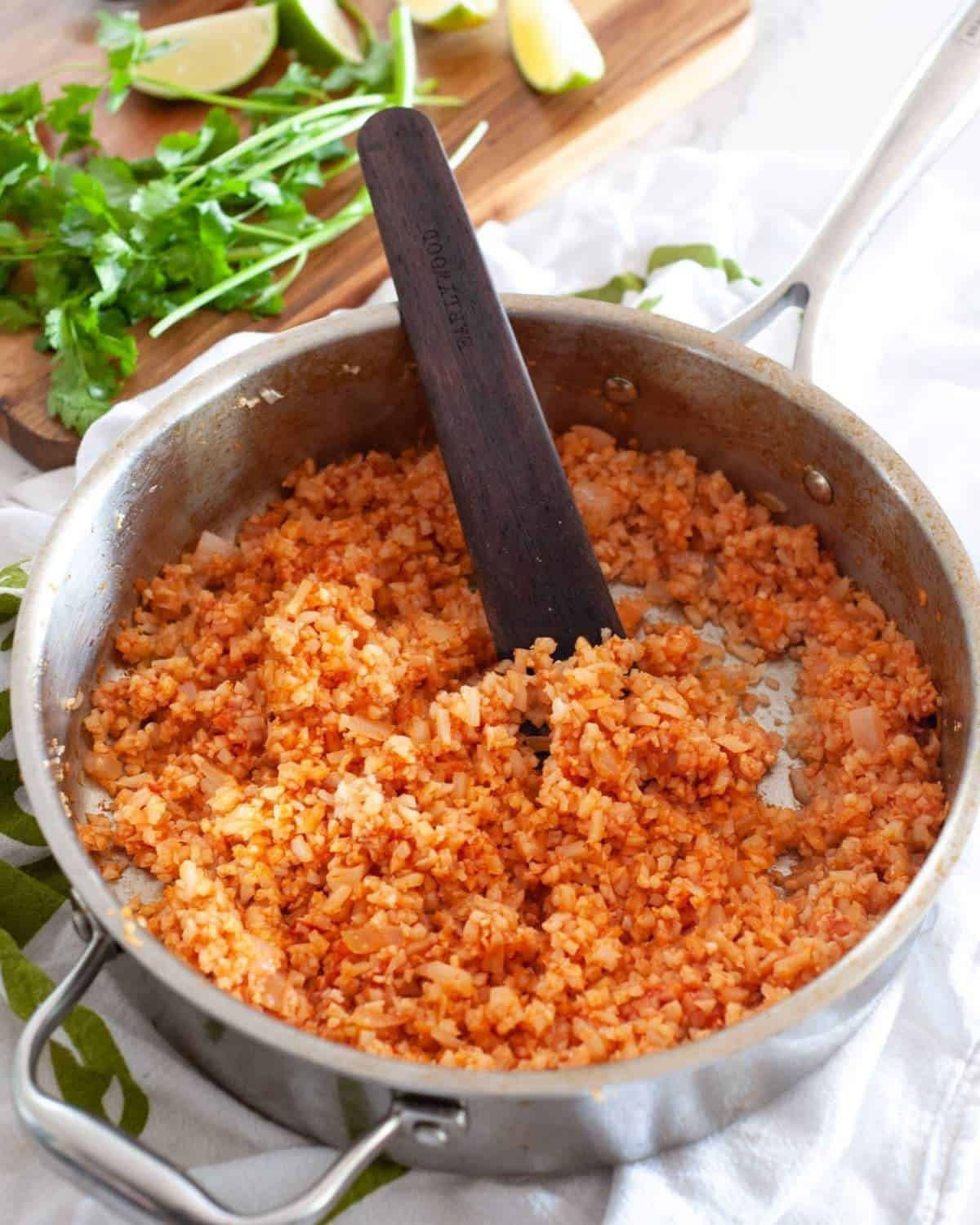 Spanish cauliflower rice in a skillet