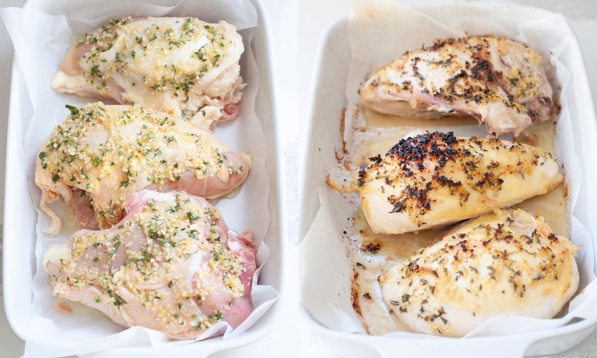 Left: three raw split chicken breasts seasoned in a baking sheet. Right: same chicken breasts cooked