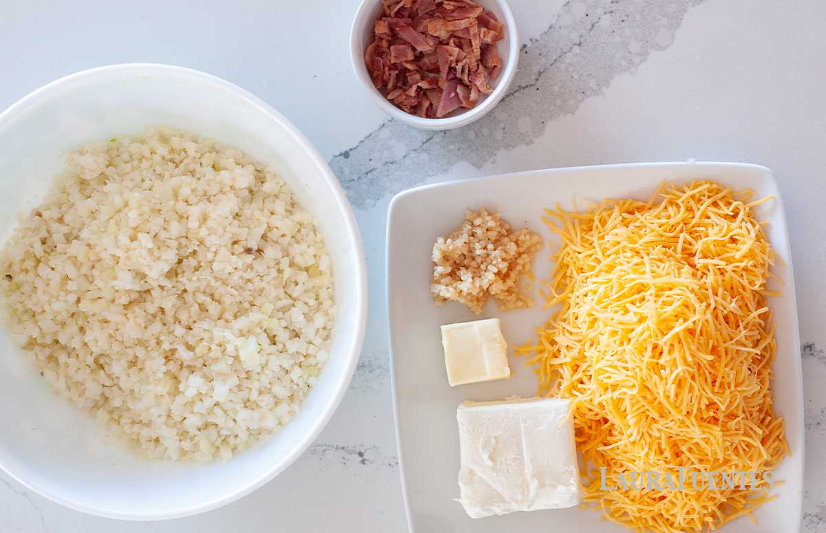 ingredients for cauliflower rice laid out on a countertop
