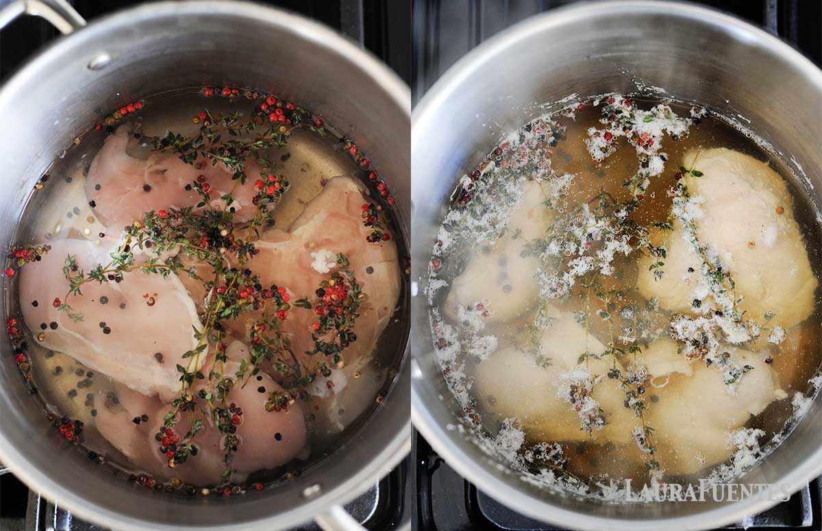 side by side images of poaching chicken