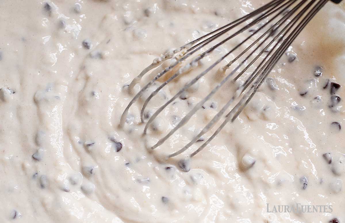 chocolate chip pancakes batter in the making