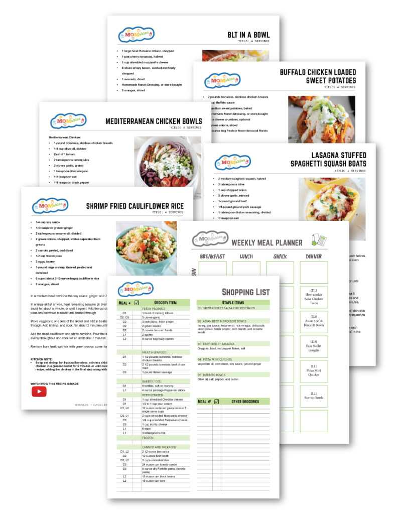 printed papers of weekly family meal plan