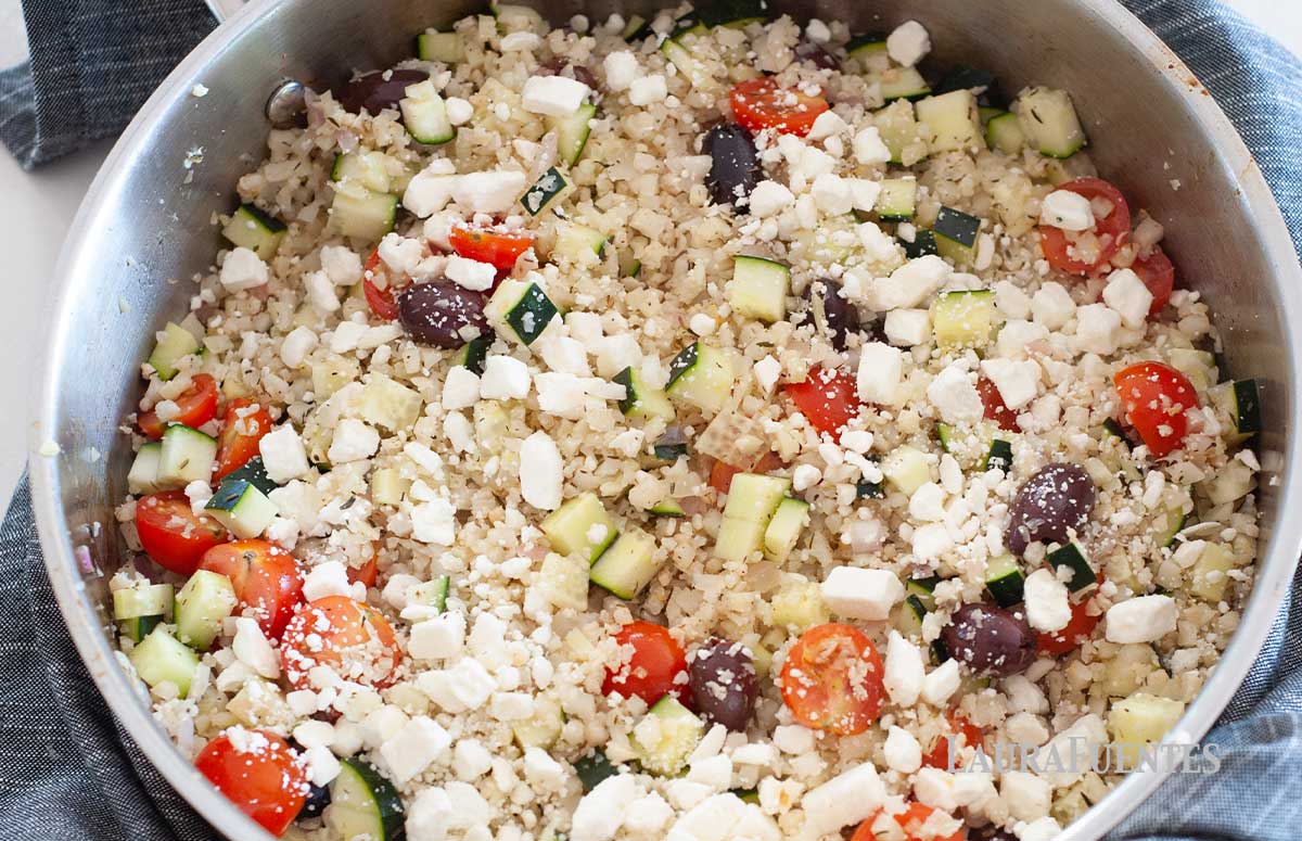 Mediterranean Cauliflower Rice in a large skillet
