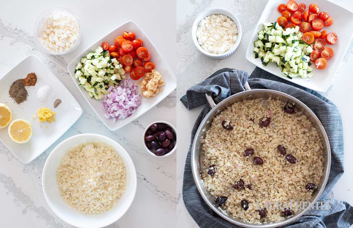 ingredients for Mediterranean Cauliflower Rice laid out on a countertop