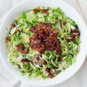 overhead view of Brussel sprout salad with bacon