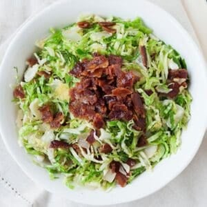 overhead view of Brussel sprout salad with bacon