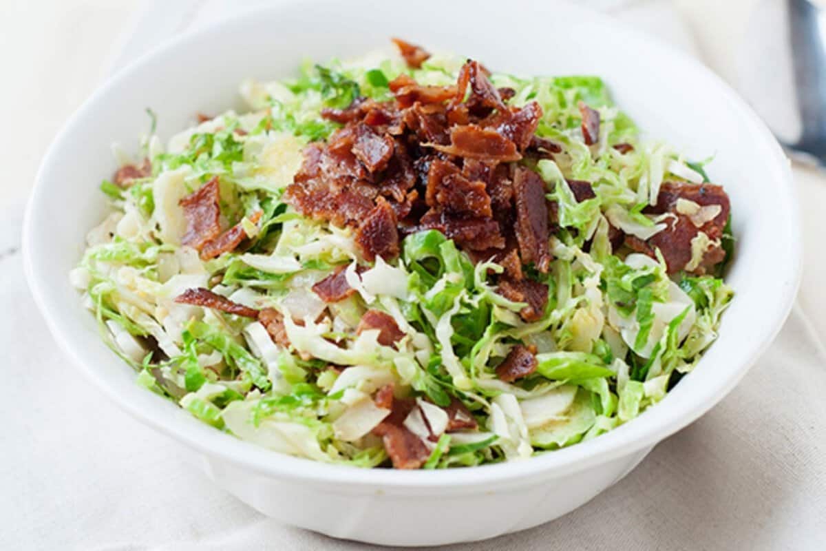a bowl with Brussel sprout salad with bacon