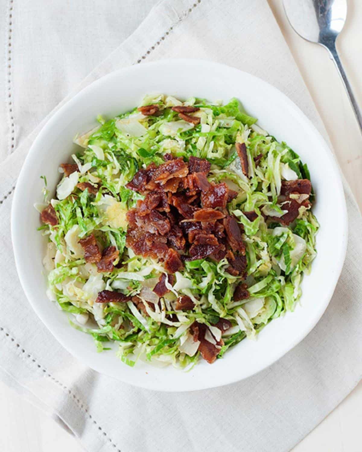overhead view of Brussel sprout salad with bacon
