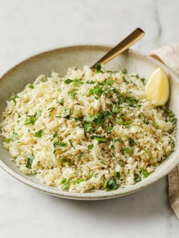 a bowl of cilantro lime cauliflower rice