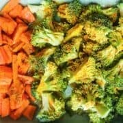 closeup of roasted broccoli and carrots