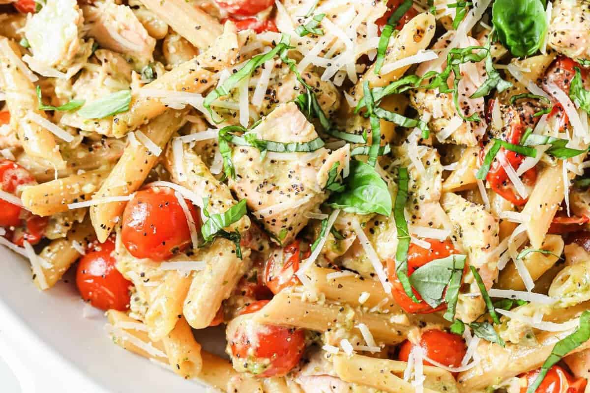 close up of salmon pasta salad
