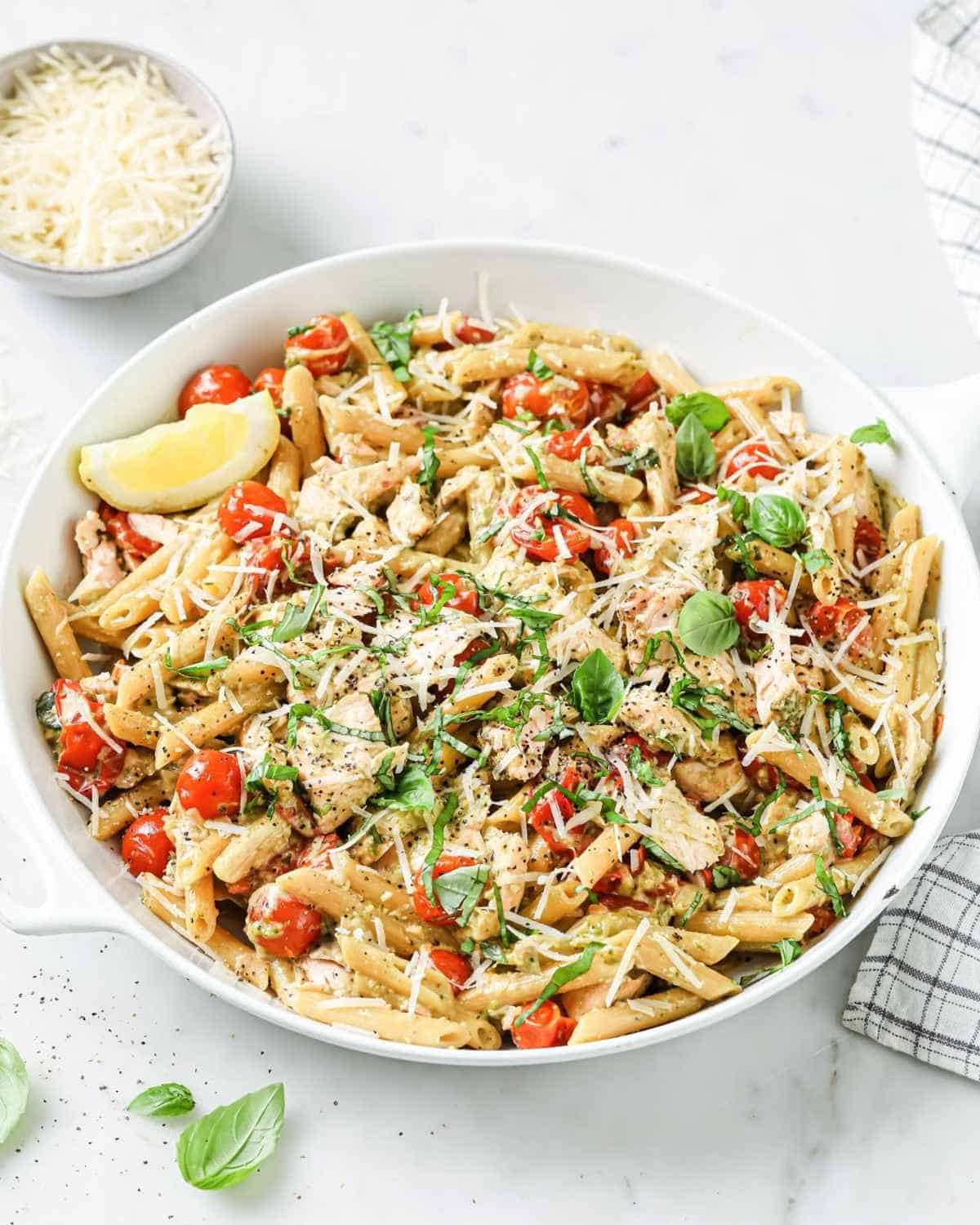 bowl of salmon pasta salad