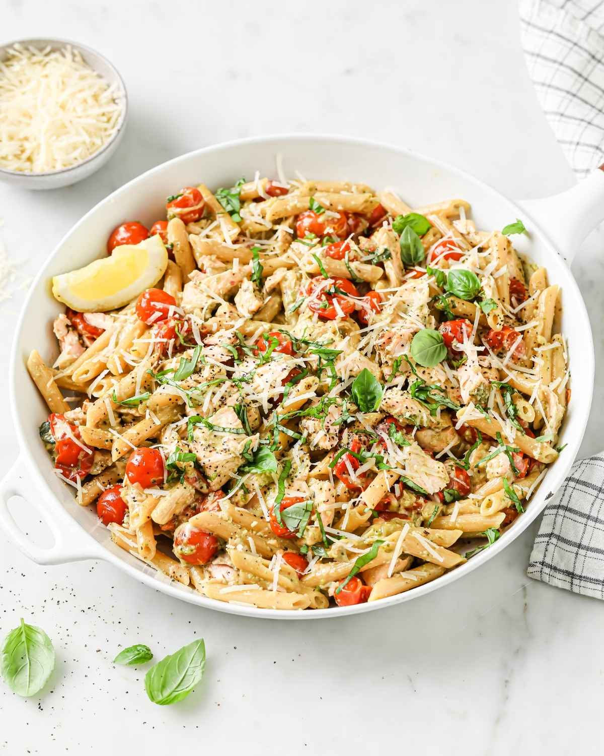 salmon pasta salad on a large serving plate