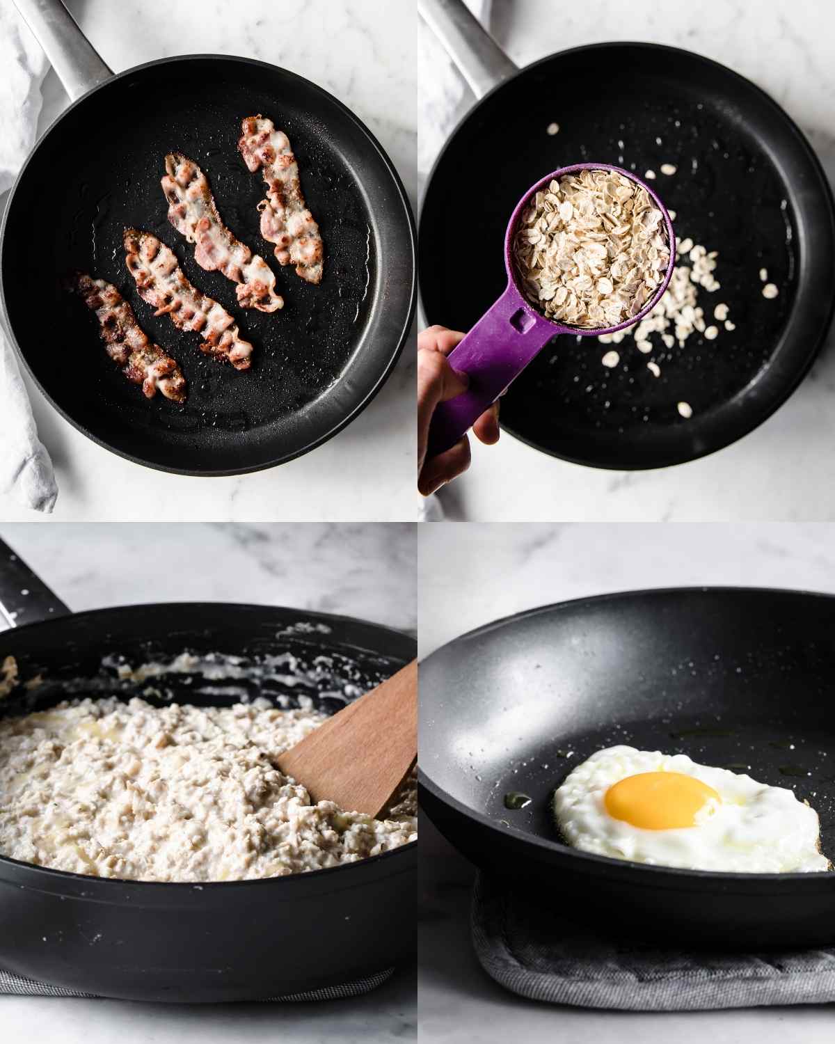 Top left: Bacon strips cooking in a skillet. Top right: Rolled oats being added to a pan. Bottom left: Creamy oatmeal cooking in a pan, being stirred with a wooden spatula. Bottom right: A sunny-side-up fried egg cooking in a skillet.