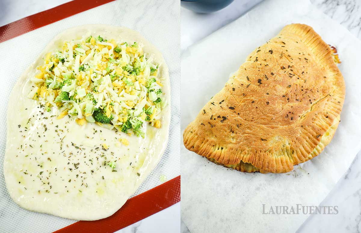 side by side process images, on the left: the inside of a broccoli calzone before baking, on the right: baked broccoli cheese calzone