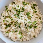 closeup of coconut cauliflower rice in a bowl