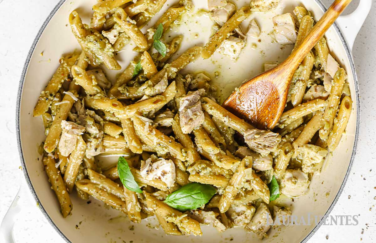 serving skillet of pesto chicken pasta