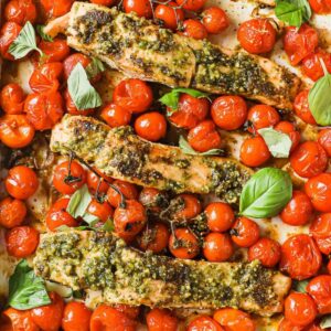 baked pesto salmon and cherry tomatoes