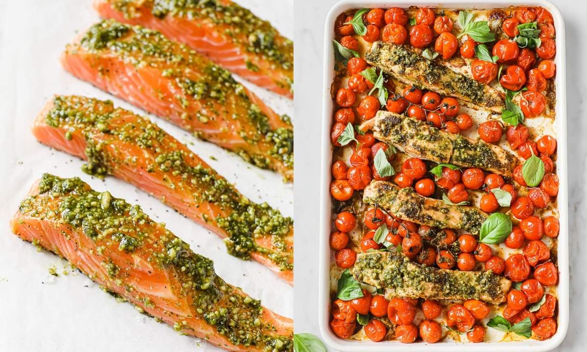 left: raw salmon with peston on top; right: baked salmon and cherry tomatoes on a baking sheet