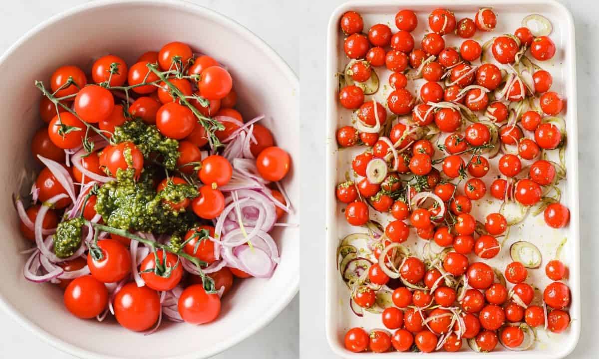left: cherry tomatoes with onion and seasonings; right: cherry tomatoes in a sheet pan
