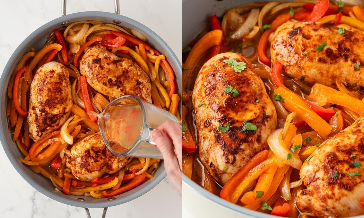 two image collage of cooking chicken with peppers and onions. On left is adding the chicken broth to make a sauce and on the right is the final dish.