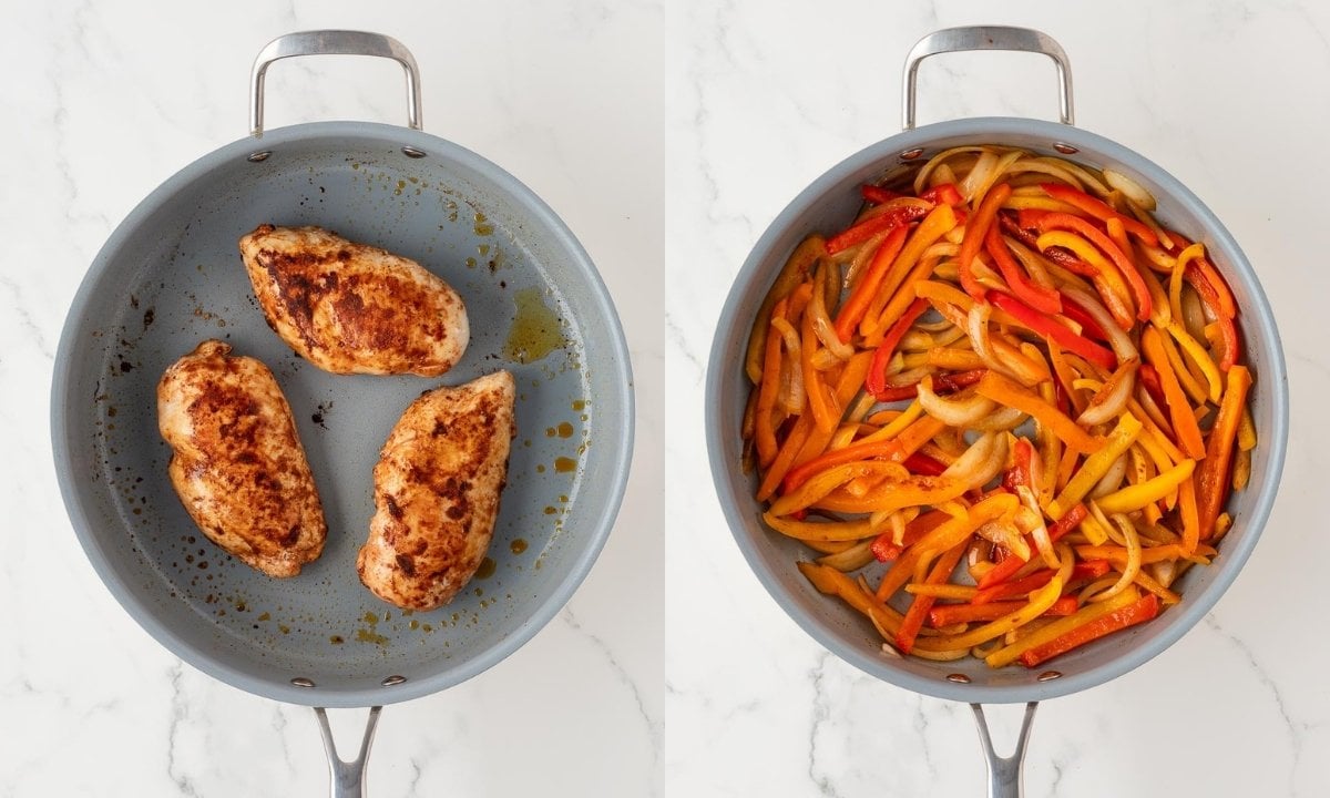 two image collage of cooking chicken with peppers and onions. On left is the first step to cook the chicken breasts and on the right, sauteeing the veggies