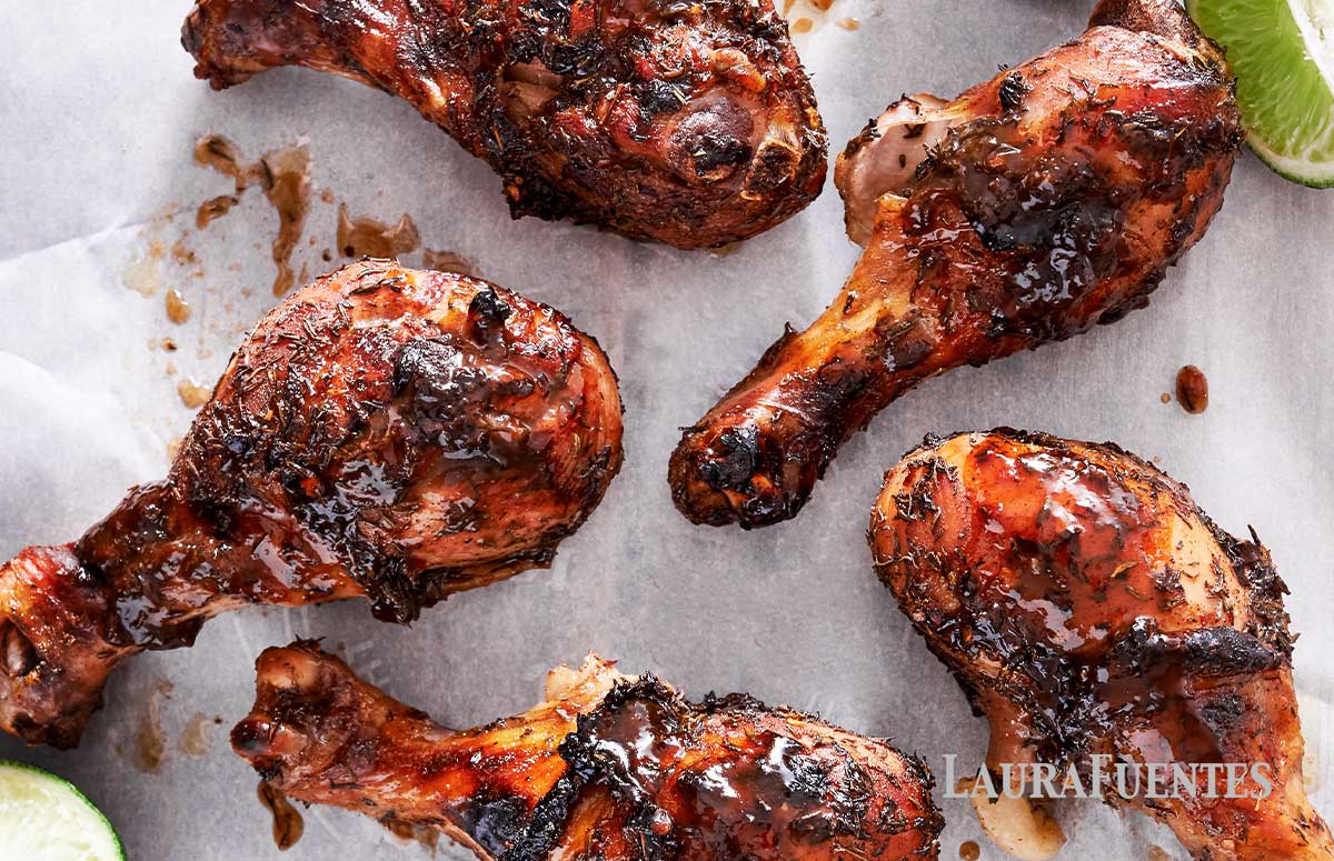 closeup of baked jerk chicken legs