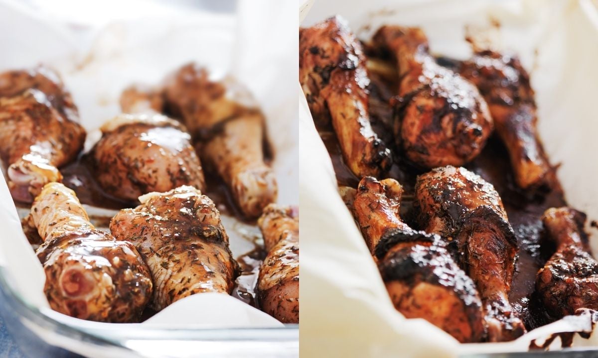 Left: raw jerk chicken drumsticks in a baking sheet. Right: cooked chicken drumsticks in a baking sheet.