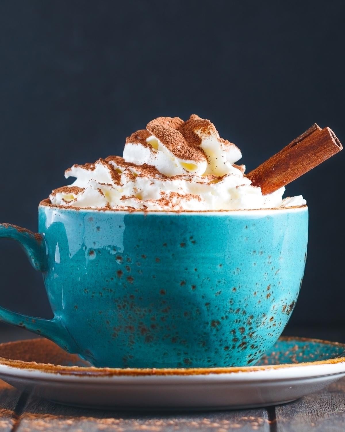 whipped cream on top of cinnamon hot chocolate